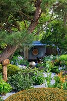 The Morgan Stanley Garden Designer:  Chris Beardshaw - Sponsor: Morgan Stanley
Overview of garden with view to relaxation pod under Pinus 