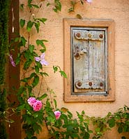 Wooden hatch door in orange painted wall, surrounded by flowering Clematis and Rose. The Carpet Garden, Highgrove, June, 2019. 