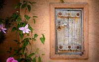 Wooden hatch door in orange painted wall, surrounded by flowering Clematis and Rose. The Carpet Garden, Highgrove, June, 2019.
