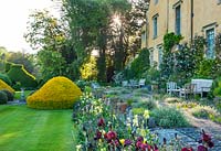 Terrace beside Ablington Manor house - Iris 'Senlac' in border, climbing Roses 'Francois Juranville' and 'Charles Rennie Mackintosh on house wall, wooden seats, benches and table underneath