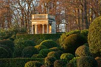 Italianate summerhouse and formal topiary gardens at Brodsworth Hall, Yorkshire. 
