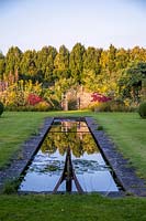 Foliage and trees reflected in rectangular pool. 