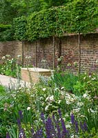 Green, white and purple flowering borders in formal urban town garden. 
