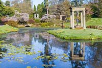 View of lake in The formal Temple Garden at Cholmondeley Castle, Cheshire, UK.