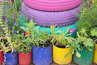 Annuals planted in colourful recycled painted tin cans with adjacent painted tyres 
