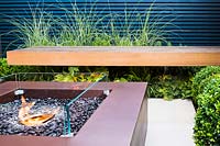 Contemporary seating area with fireplace and wooden bench by blue wall and 
rusted panels surrounded by Miscanthus sinensis 'Morning Light', Dryopteris 
erythrosoraand Buxus sempervirens balls topiary. 