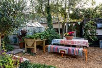 Seating area with table and bunting