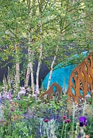 Betula underplanted with Digitalis and steel sculptural screen, The David Harber and Savills Garden, RHS Chelsea Flower Show, 2018 