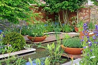 The Silent Pool Gin Garden - Planters and borders on decking and stone over geometric pool - Anchusa azurea 'Dropmore', Hornbeams - Carpinus betulus, Meconopsis 'Mildred' and Anthriscus sylvestris - Sponsor: Silent Pool Distillers - RHS Chelsea Flower Show 2018