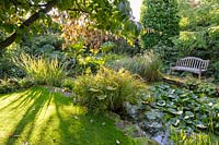 Garden bench next to pond with mixed planting - Shropshire, UK