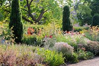 Hot border in the East Garden planted with a mix of herbaceous perennials and 
grasses including fennel, dahlias, achilleas and heucheras around upright forms 
of Irish yews, Taxus baccata 'Fastigiata', representing the 12 'Apostle Yews' 
which stood in the C19th parterre.