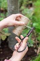 Woman cutting garden twine with scissors. 