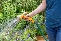 Woman watering raised bed using a hose with a hosegun