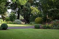View of formal garden with large clipped Buxus - box - balls. 