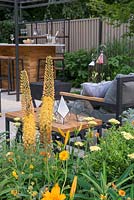 Border next to a contemporary seating area - The Landform Garden Bar, RHS Hampton Court Palace Flower Show 2018