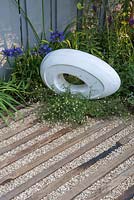 White Carrara Marble sculpture in show garden - Southend Young Offenders' A Place to Think, RHS Hampton Court Palace Flower Show, 2018.