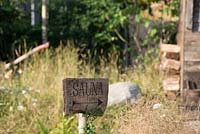 Sauna sign - The Viking Cruises Nordic Lifestyle Garden, RHS Hampton Court Palace Flower Show, 2018.