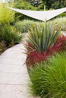 Curved paved path leads to a space shaded by white sail or awning. Nearby beds are filled with foliage interest from Phormium and ornamental grasses such as

Imperata cylindrica 'Rubra' and Pennisetum alopecuroides 'Cassian's Choice'
