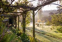 A pergola in the Tunnel Garden at Heale House, Middle Woodford, Wiltshire festooned with vines and wisteria 