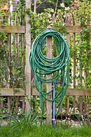 Garden hose on a wooden fence.