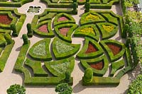 Overview of Ornamental Garden with Buxus sempervirens and Taxus at Chateau de Villandry, Loire Valley, France
