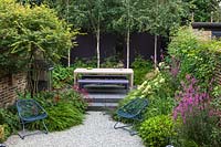 View of modern table and bench with Betula utilis var. jacquemontii planted infront of painted purple wall. Garden design by John Davies Landscape.