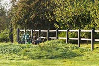 Paddock with gardening equipment  - Thundridge Hill House Garden, Hertfordshire