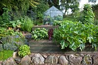 The kitchen garden with stone walled raised bed, fruit cage and glasshouse. 