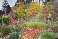 Dramatic autumn colours in garden. Gravetye Manor, Sussex, UK. 