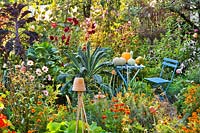 Garden table and chair in productive kitchen garden. 