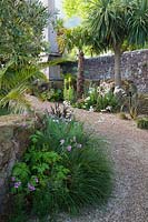 Path towards stone monument, with structural palms, grasses, Libertia, Geranium and olive trees planted around rockery. Arundel Castle, West Sussex, UK. 