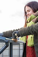 Woman cleaning guttering of greenhouse with wooden scrubbing brush.