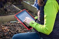 Woman planning a veg garden using a tablet.