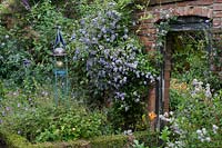 Formal border surrounded by low, clipped hedging, with sundial and flowering blue and purple perennials including Clematis 'Perle D'Azure'. Wollerton Old Hall, Market Drayton, UK. 