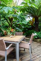 Table and chairs on decking surrounded by bold, architectural foliage plants 