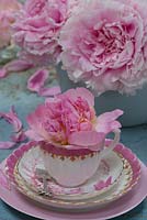 Vintage china decorated with pink Peony booms.
