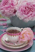 Vintage china decorated with pink Peony booms.
