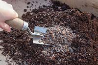 Woman adding horticultural grit to compost to make it free draining.