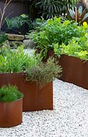 Rectangular rusty Cor-ten steel raised garden beds planted with a mixture of edible herbs and vegetables.
