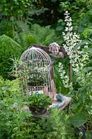 A bird cage with plants displayed on a wooden chair with other collectables, all set in a garden