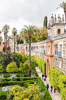 View from the Galera del Grutesco. Alcazar Palace Gardens, Seville, Spain. 