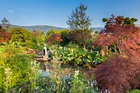 A Meditation Garden, view to the focal stone sculpture on rocks 
reflected in water. A show garden with distant backdrop of hills. 
Planting includes: Acer palmatum 'Shindeshojo', Acer palmatum 'Dissectum 
Atropurpureum', Metasequoia glyptostroboides - Dawn Redwood, Gunnera manicata, 
Rodgersia aesculifolia and Hosta.  Acer palmatum dissectum 'Viridis', 
Aquilegia 'Nora Barlow' and Enkianthus campanulatus in the foreground.