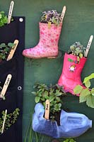 'My Space in Space', school garden with children's pink and starry wellie or 
welly boots and a milk container planted with herbs including mint and basil