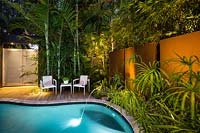 Contemporary urban garden with plenty of privacy from walls, gates and palms. Garden has swimming pool, decked area and seating in front of tropical planting
