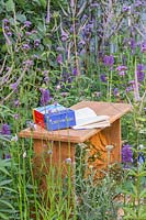 Wooden bench with book surrounded by Verbena bonariensis, 
Agastache 'Blackadder' and Veronicastrum virginicum 'Fascination' in 
'Southend Young Offenders': A Place to Think' garden
