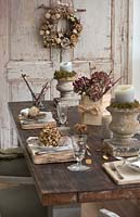 Dried Hydrangea table setting with Hydrangea wreath on door