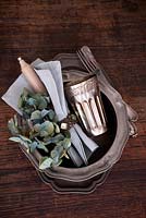 Blue dried Hydrangea place setting with pewterware