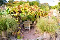 Vine covered arbour and dining area in the sunken garden, framed by a pair of potted Chionochloa conspicua at the Barn House, Chepstow, UK.

