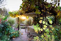 Vine covered arbour and dining area in the sunken garden, surrounded by grasses, hostas and red flowered Dahlia 'Bishop of Llandaff' at the Barn House, Chepstow, UK. 
