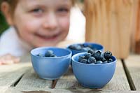 Girl smiling behind harvested blueberries in a bowl. 